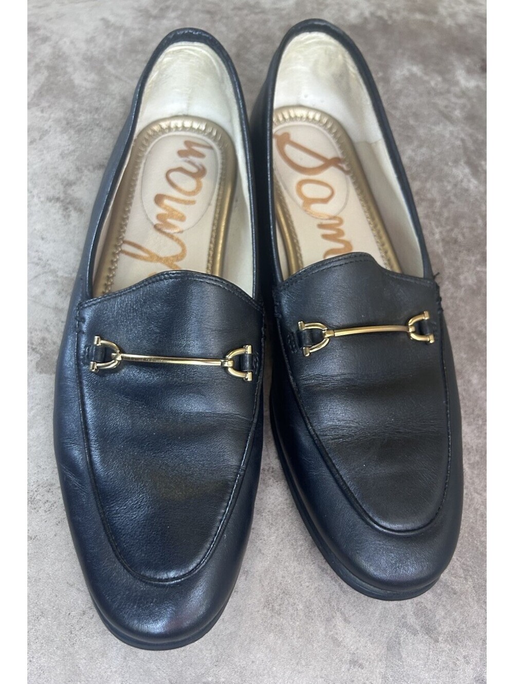 Vintage Sam Edelman Black Leather Loafers with Gold Horsebit Detail